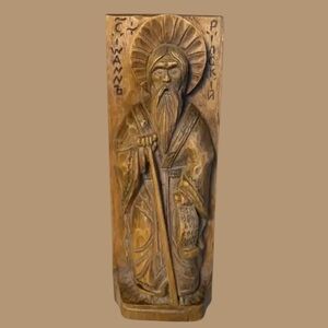 Vintage Hand-carved wooden icon of Saint Ivan of Rila with Cyrillic inscriptions